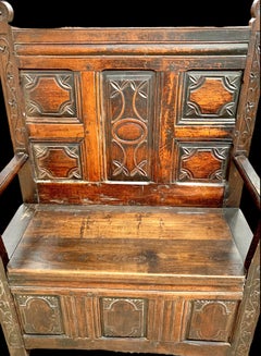 Antique French Provincial Carved Oak Bench with Paneled High Back and Storage