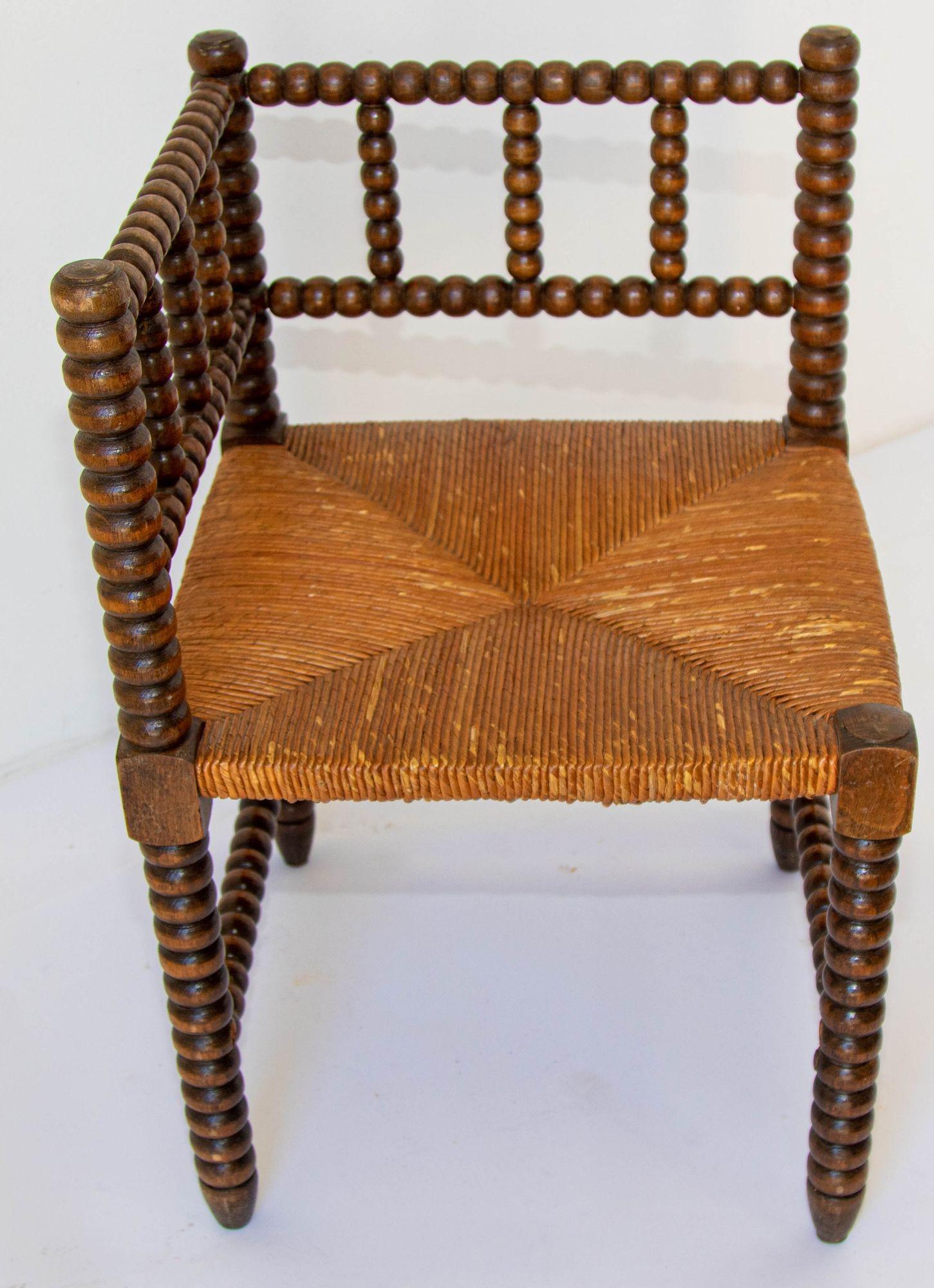 Antique French Provincial Carved Oak Bobbin Rush Corner Chair 19th C. For Sale 1