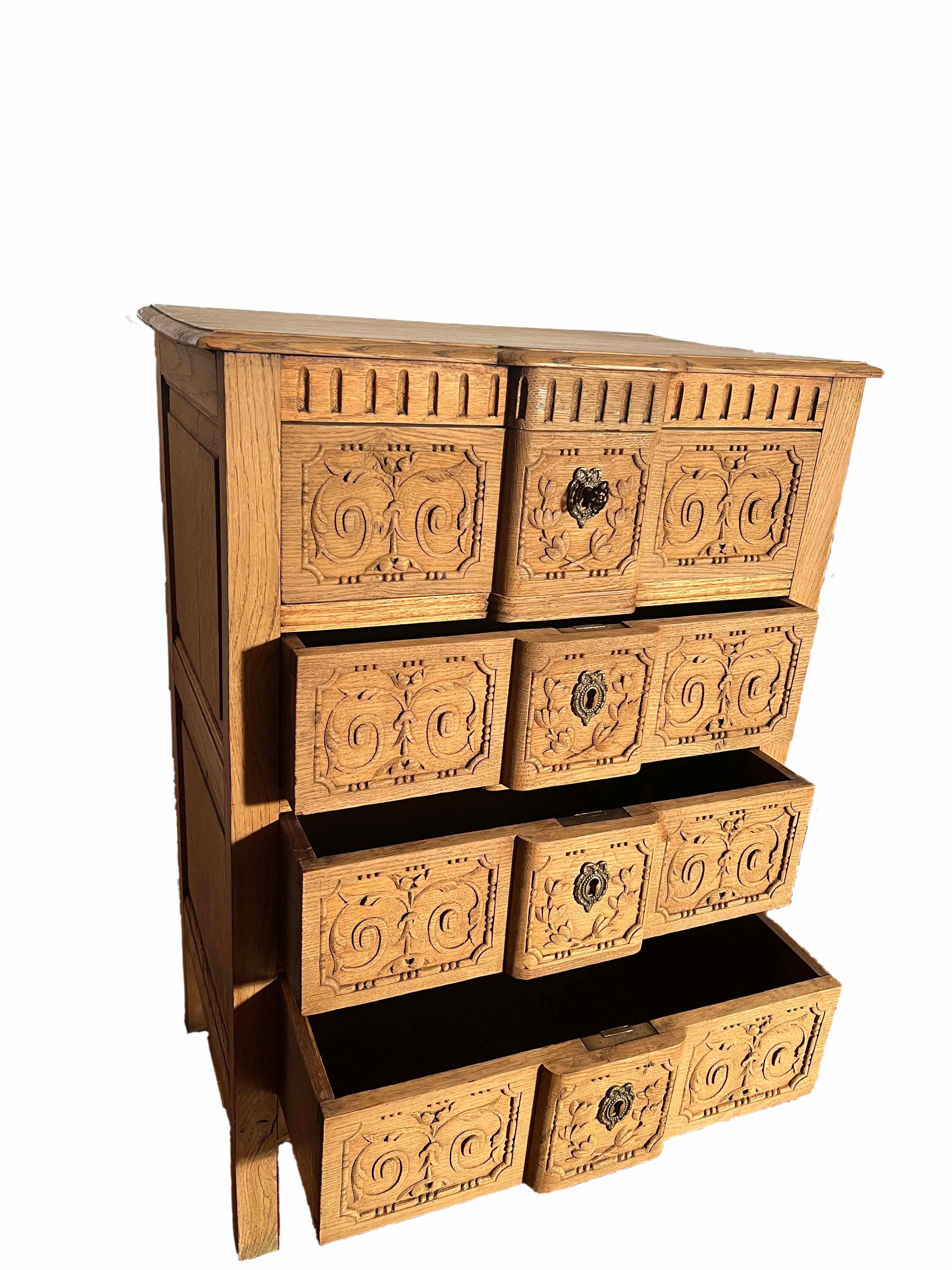 Antique French Provincial Carved Oak Chest with 4 Drawers, Circa 1880 
