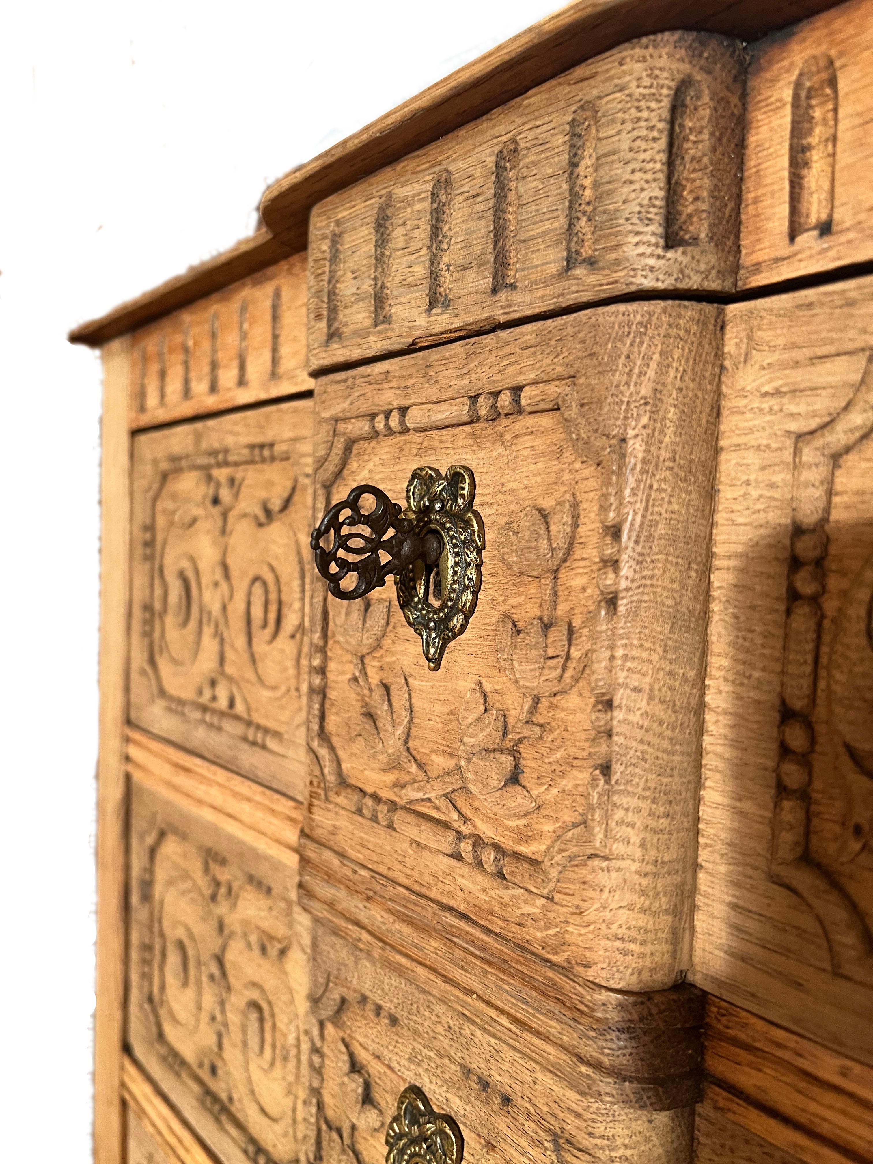 19th Century Antique French Provincial Carved Oak Chest with 4 Drawers, Circa 1880.  For Sale