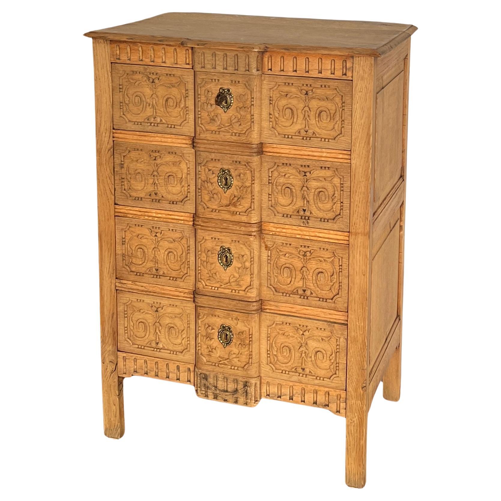 Antique French Provincial Carved Oak Chest with 4 Drawers, Circa 1880.  For Sale