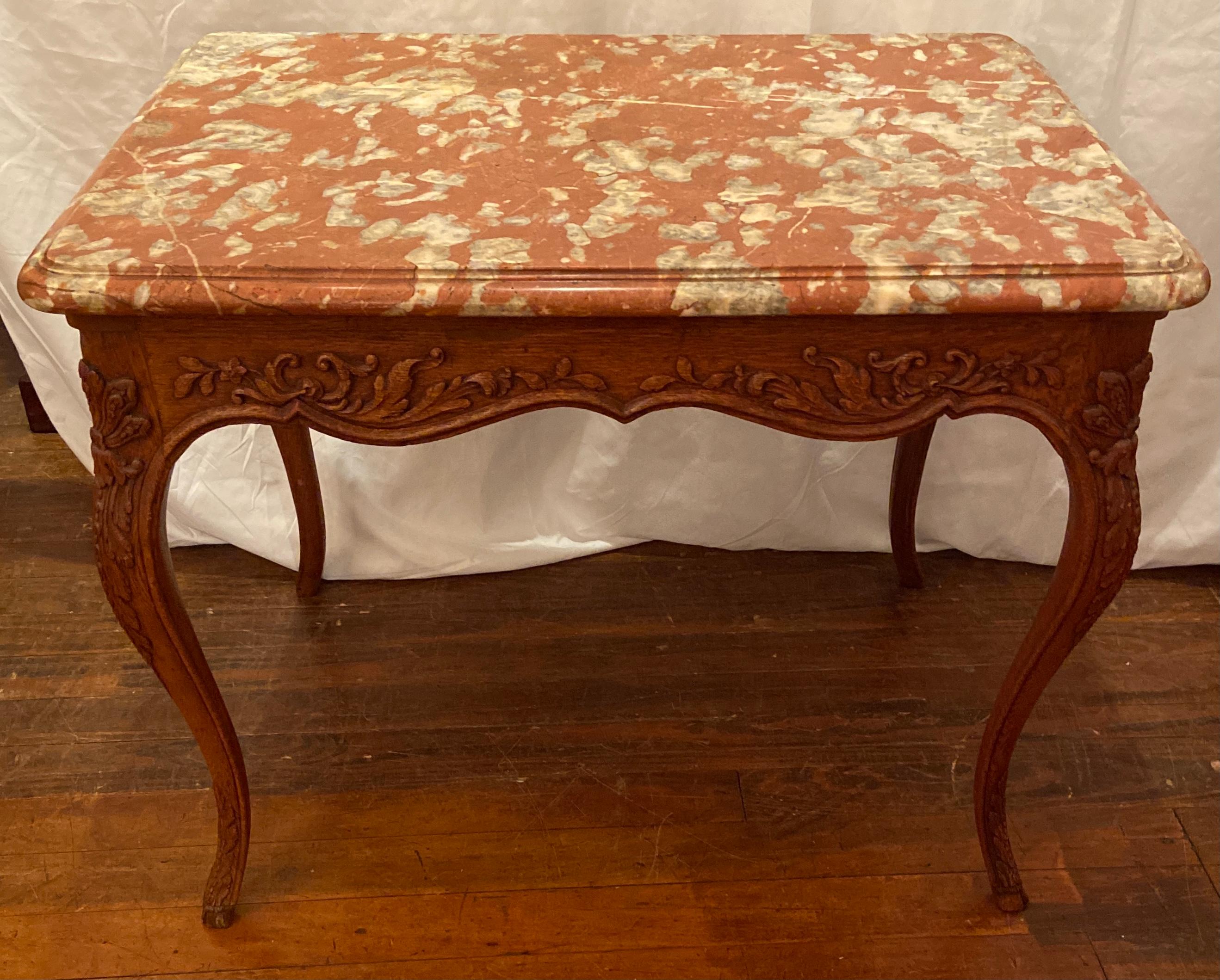Antique French Provincial Carved Oak Marble Top Table, Circa 1860 In Good Condition For Sale In New Orleans, LA
