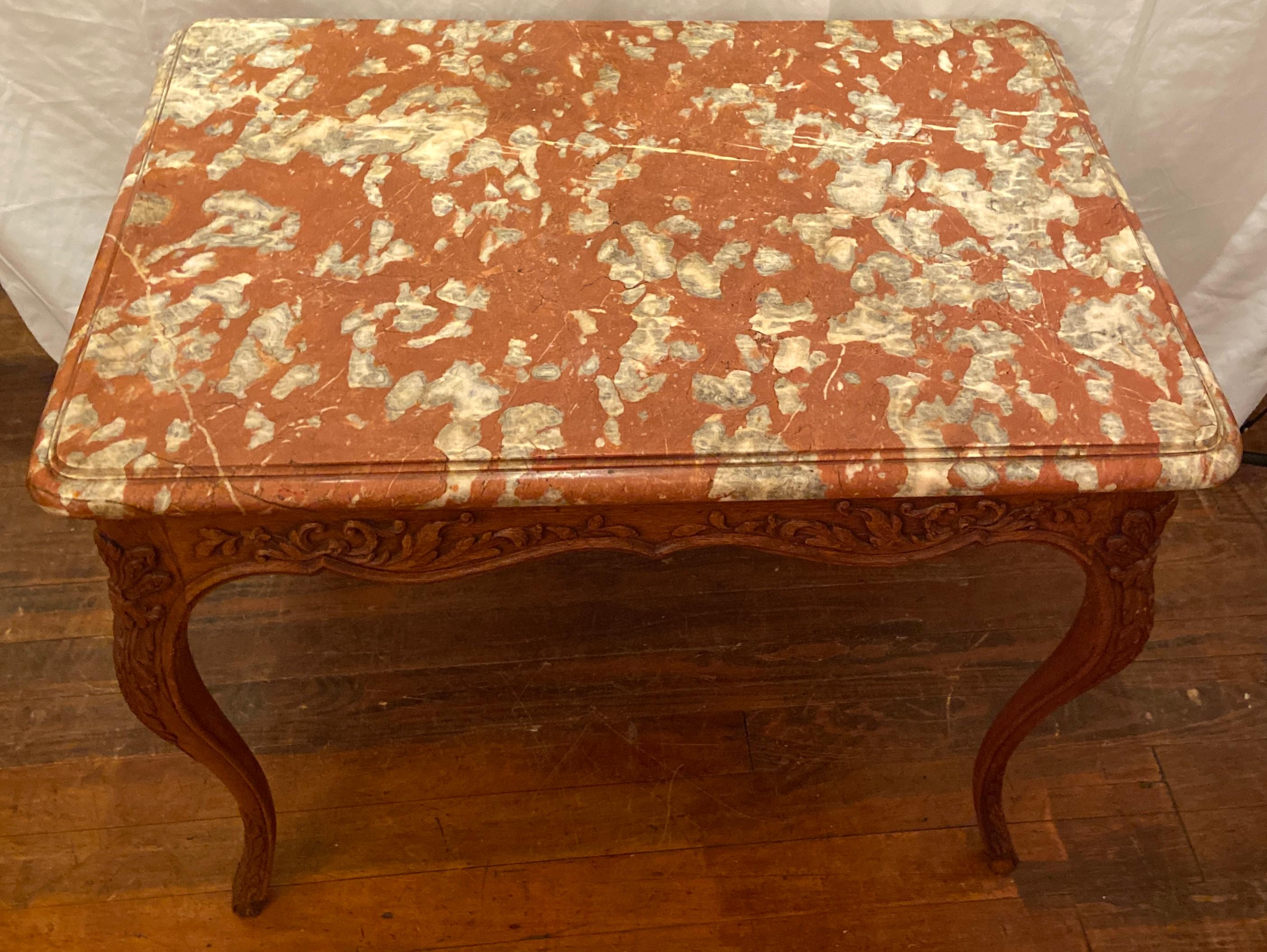 19th Century Antique French Provincial Carved Oak Marble Top Table, Circa 1860 For Sale