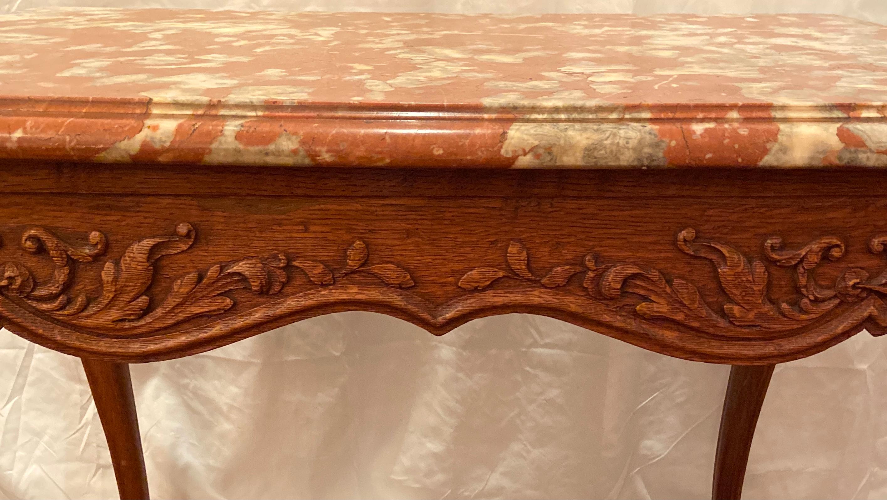 Antique French Provincial Carved Oak Marble Top Table, Circa 1860 For Sale 1