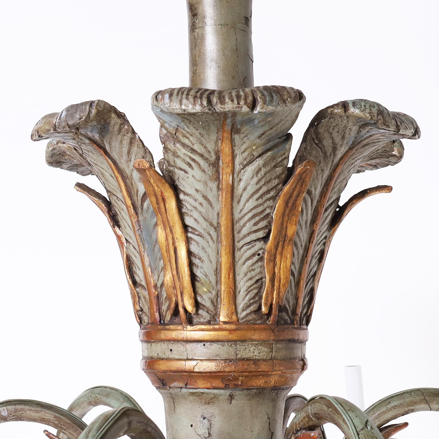 Regency Antique French Provincial Carved Wood Painted Chandelier For Sale