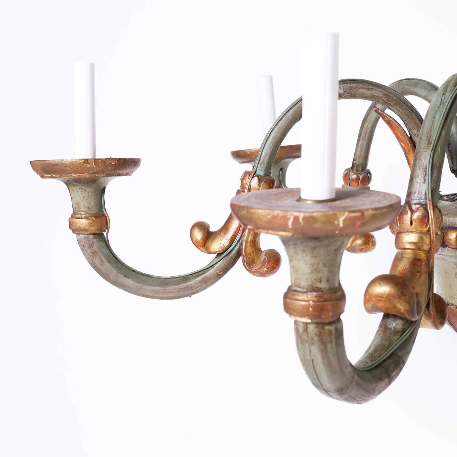 Hand-Carved Antique French Provincial Carved Wood Painted Chandelier For Sale
