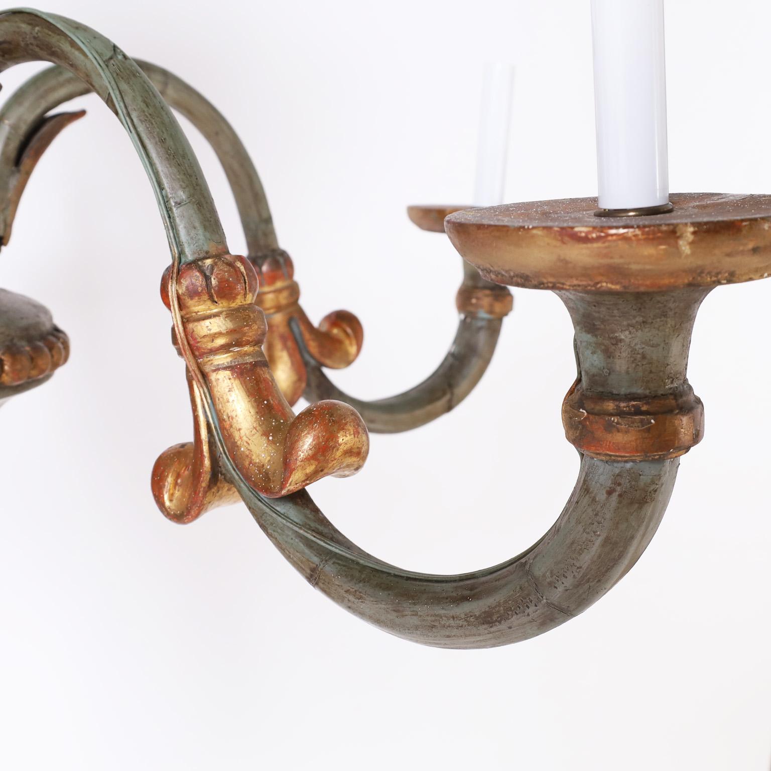 19th Century Antique French Provincial Carved Wood Painted Chandelier For Sale
