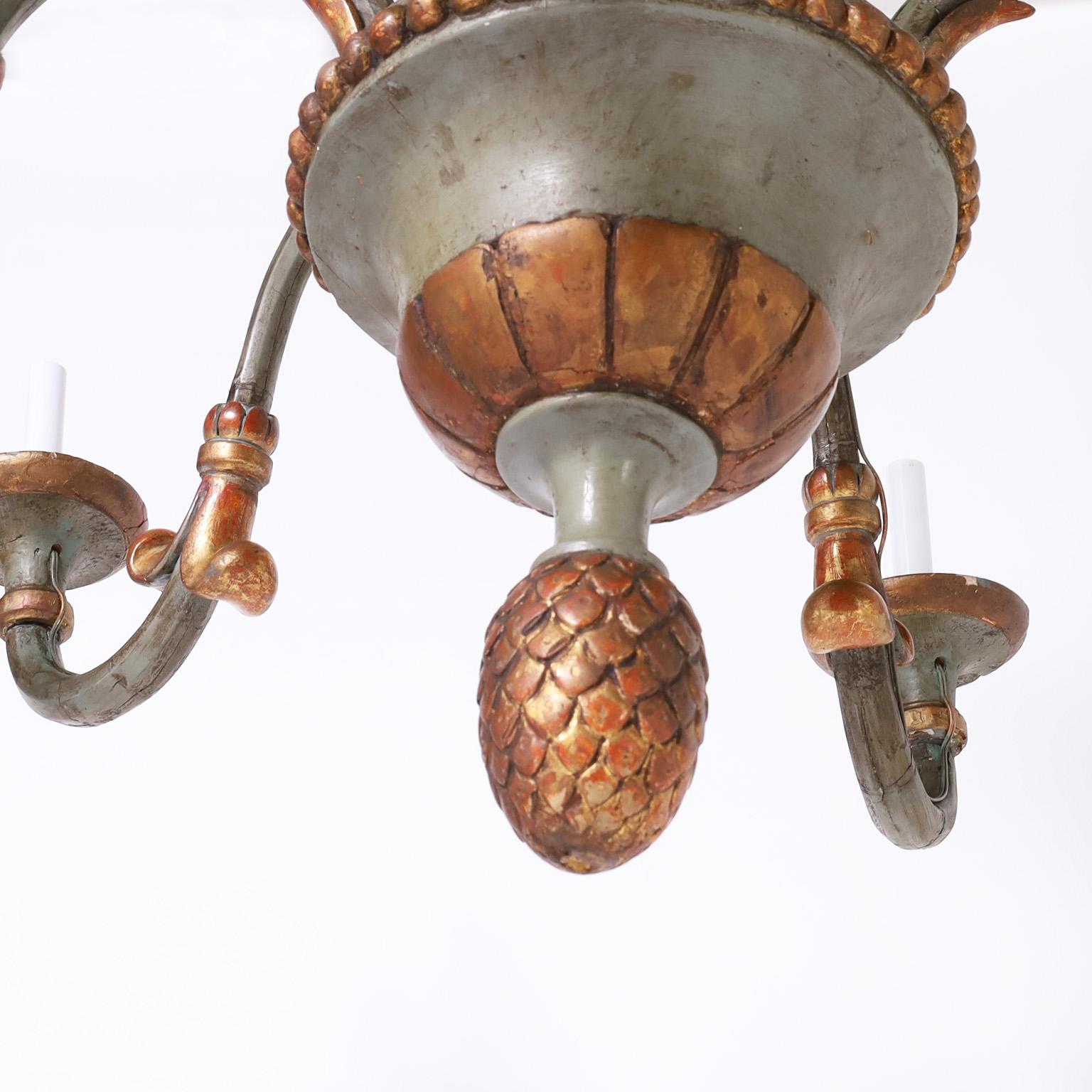 Antique French Provincial Carved Wood Painted Chandelier For Sale 2