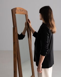 Antique French Provincial Cheval Mirror, Natural Oak Frame, 1910s
