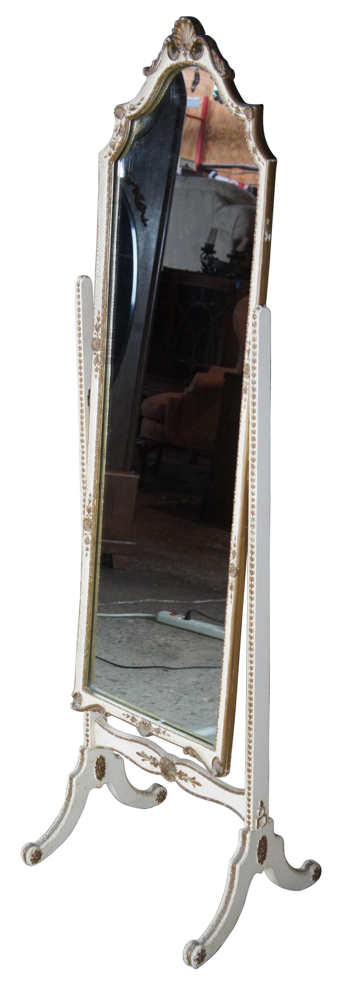 Antique circa 1940s French Provincial Cheval mirror. White with scalloped gold trim.
  