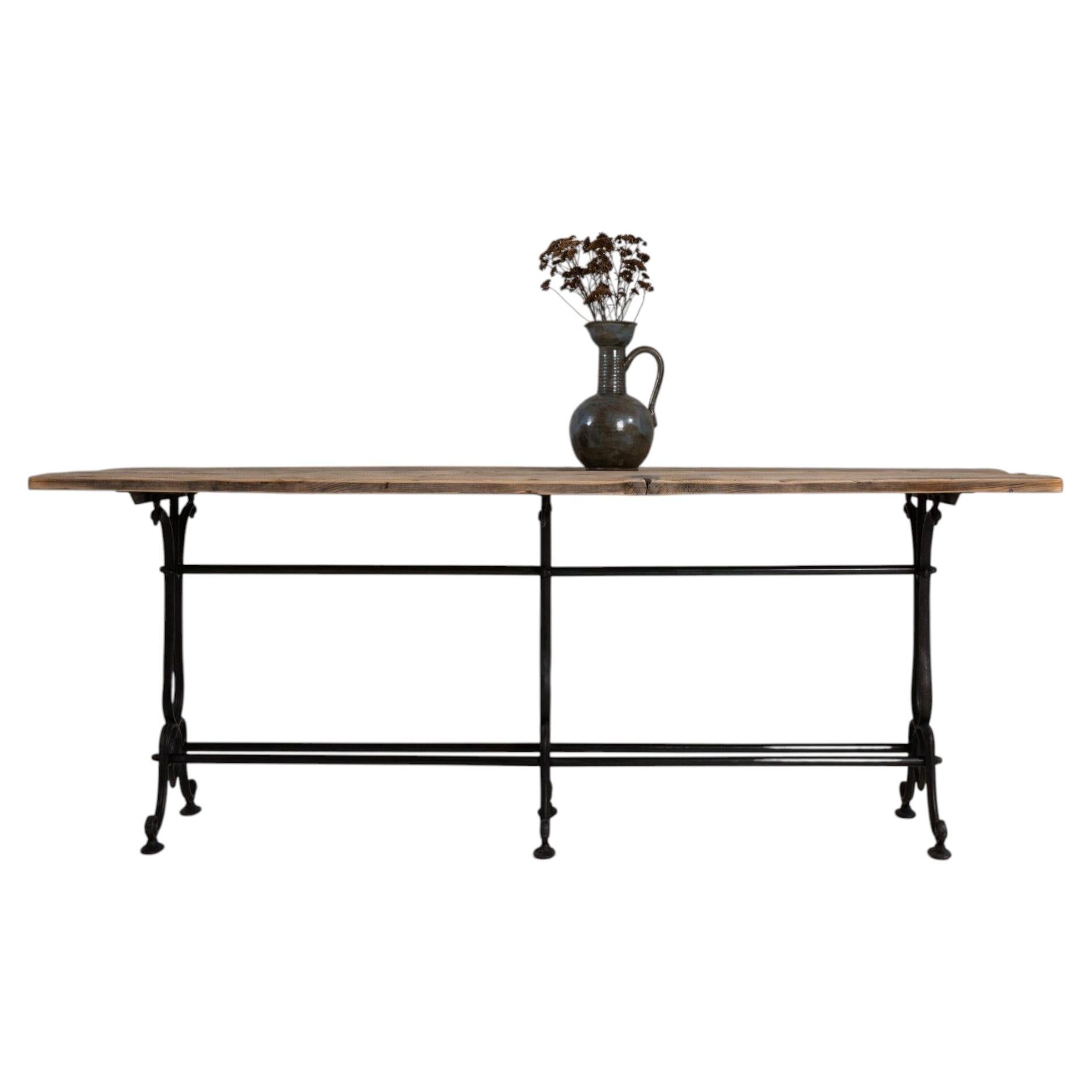 Antique French Provincial Console Table, Wrought Iron & Wood, 1900s For Sale