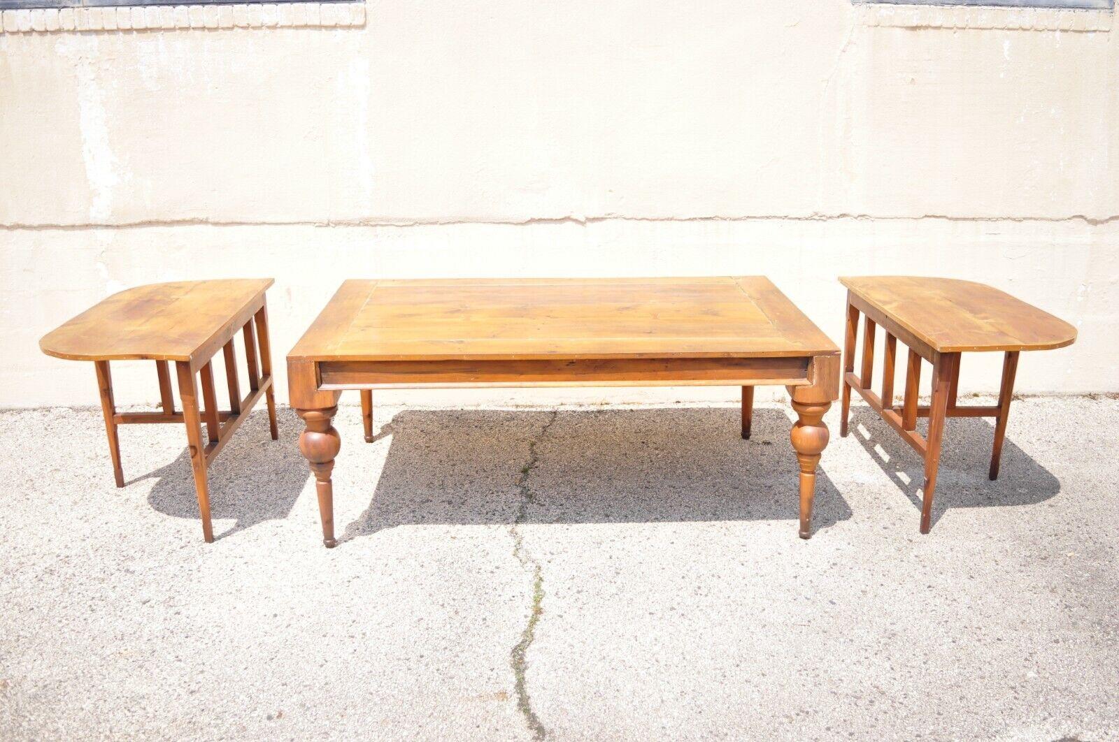 Antique French Provincial Country Farm Large Extension Pine Wood Dining Table. Item is constructed of reclaimed French antique floor planks and features butterfly joints, (2) demilune console table extensions, turn carved bulbous legs, solid wood