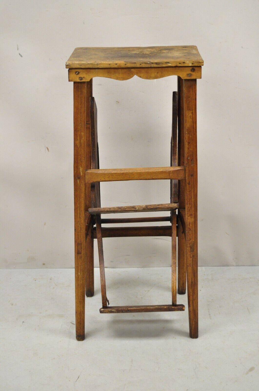 Antique French Provincial Country Oak Wood Folding Library Step Ladder For Sale 5