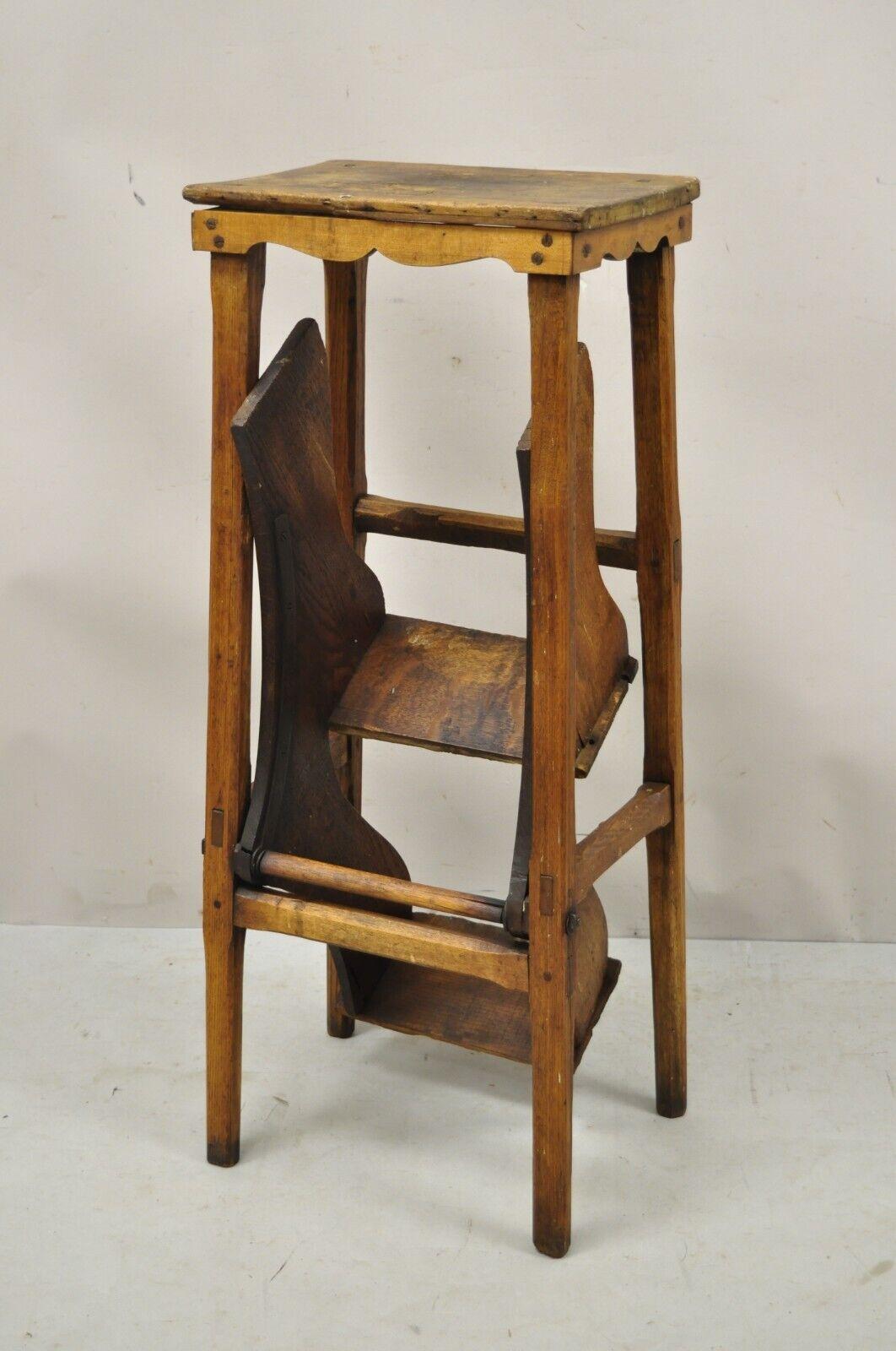Antique French Provincial country oak wood folding library step ladder. Item features remarkable patina, fold out steps, exposed joinery, solid wood construction, beautiful wood grain, distressed finish, very nice antique item. Circa 19th Century.