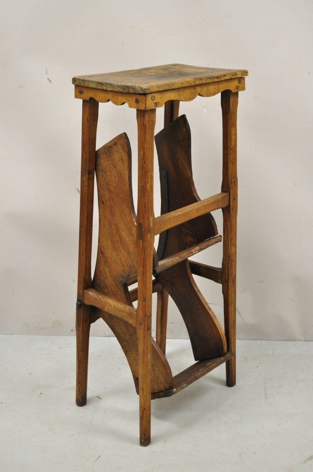 Antique French Provincial Country Oak Wood Folding Library Step Ladder For Sale 2