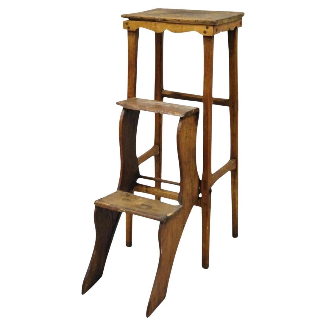Antique French Provincial Country Oak Wood Folding Library Step Ladder For Sale