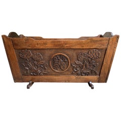Antique French Provincial Cradle Carved Oak Baby Doll Bed Crib Planter c1840