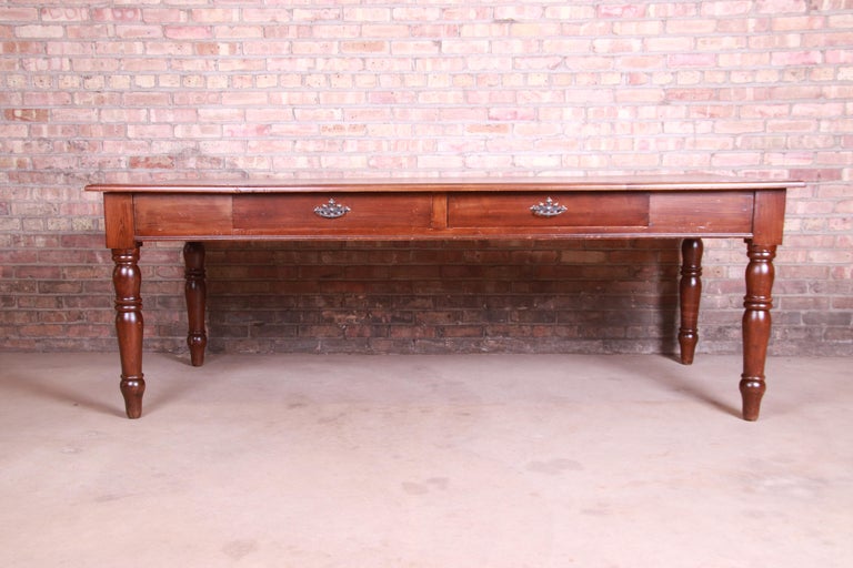 Antique French Provincial Elm Wood Harvest Farm Table With Drawers, Circa 1900 In Good Condition For Sale In South Bend, IN