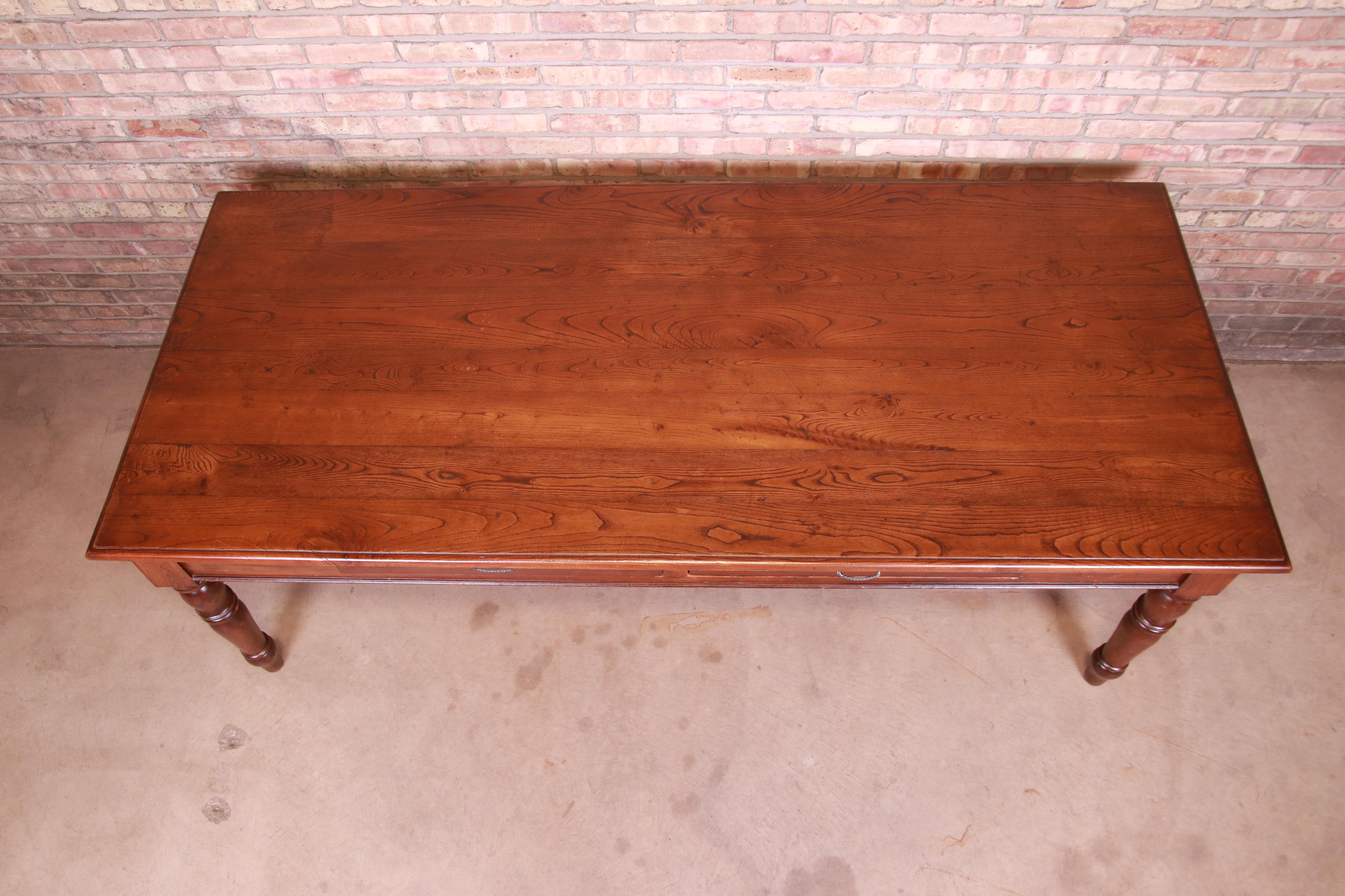 Antique French Provincial Elm Wood Harvest Farm Table With Drawers, Circa 1900 For Sale 1
