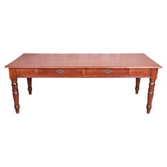Antique French Provincial Elm Wood Harvest Farm Table Con Cassetti, Circa 1900