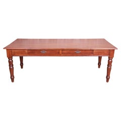 Antique French Provincial Elm Wood Harvest Farm Table With Drawers, Circa 1900