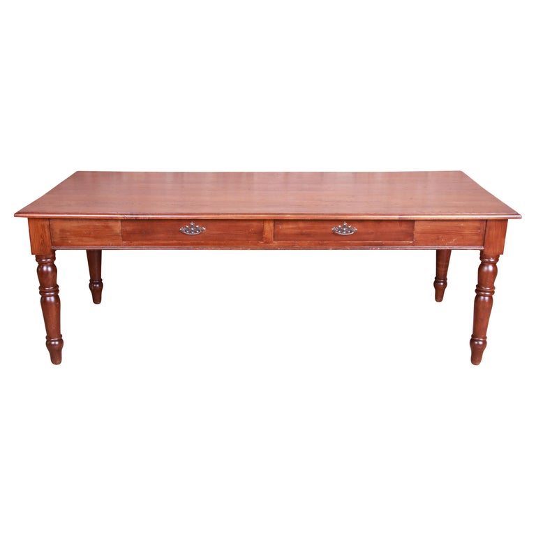 Antique French Provincial Elm Wood Harvest Farm Table With Drawers, Circa 1900 For Sale
