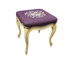 Antique French Provincial Embroidered Needlepoint Vanity Bench Foot Stool 18"