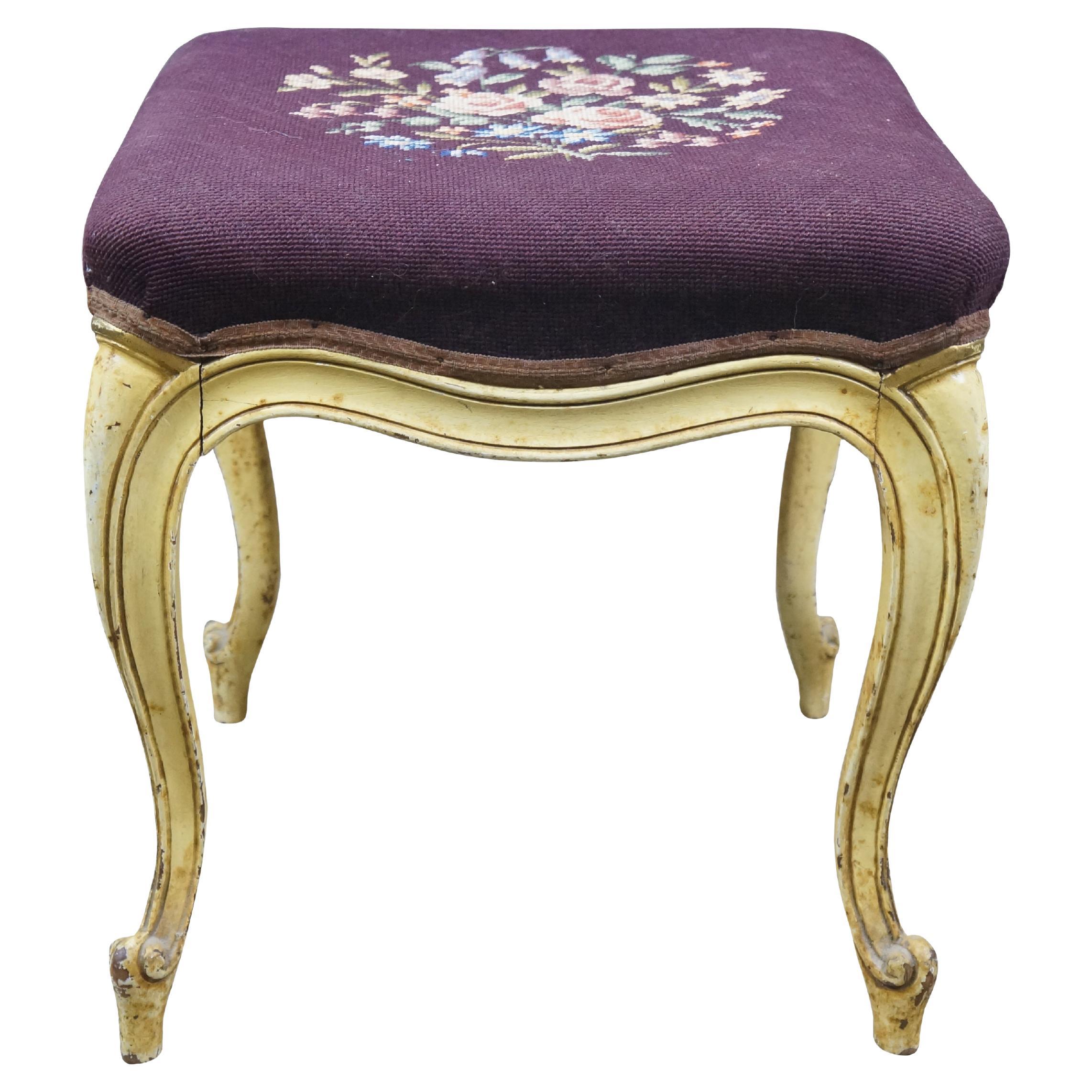Antique French Provincial Embroidered Needlepoint Vanity Bench Foot Stool 18" For Sale