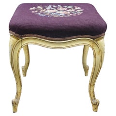 Antique French Provincial Embroidered Needlepoint Vanity Bench Foot Stool 18"