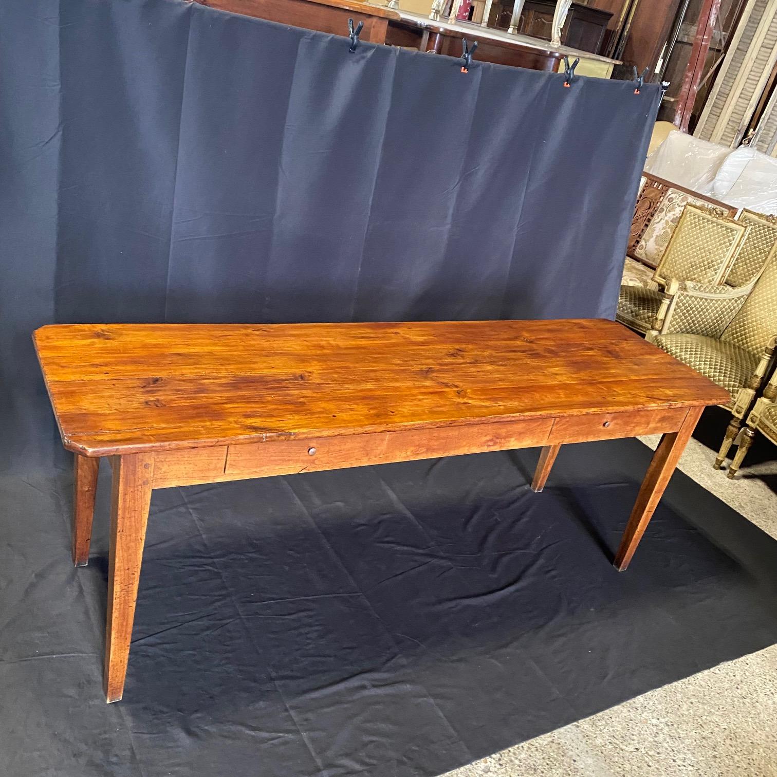 19th Century Antique French Provincial Farmhouse Harvest Dining Table with Two Drawers