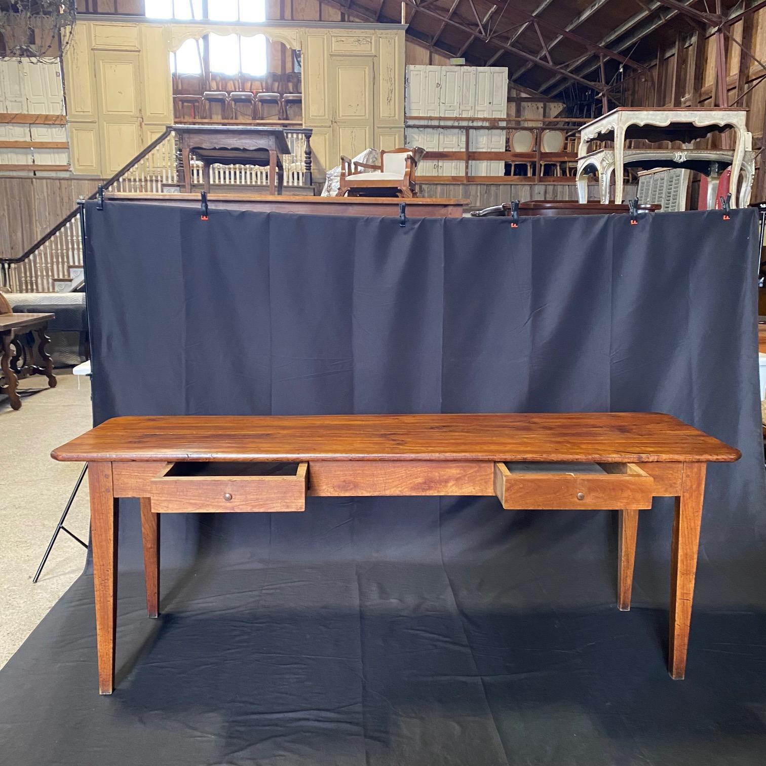 Cherry Antique French Provincial Farmhouse Harvest Dining Table with Two Drawers