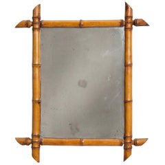 Antiker Spiegel im französischen Landhausstil mit Bambusoptik, honigfarbenes Holz, um 1900