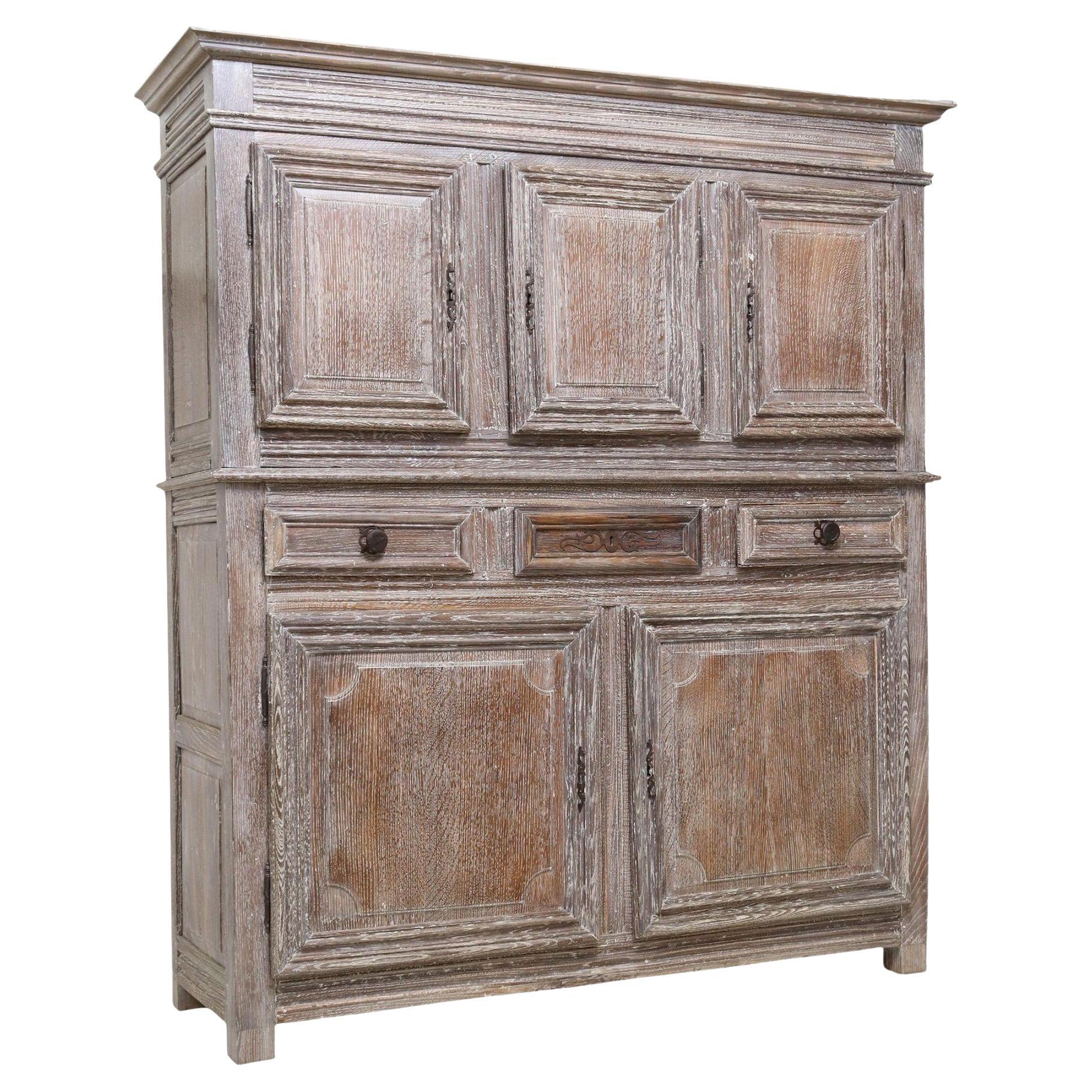 Antique French Provincial Gray Washed Distressed Finish Large Sideboard