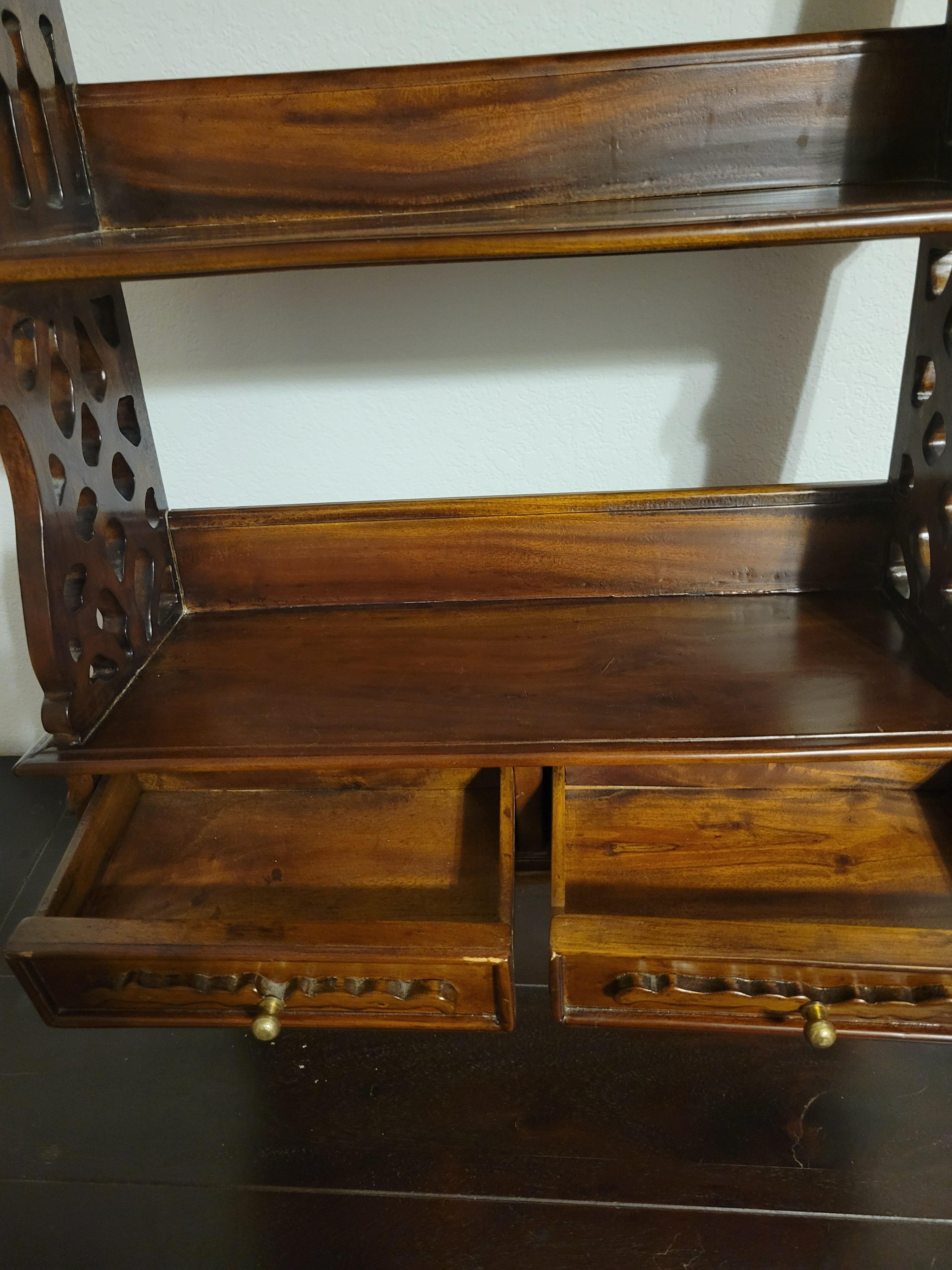 Antique French Provincial Hand-Carved Mahogany Kitchen Shelf with Two Drawers  For Sale 1