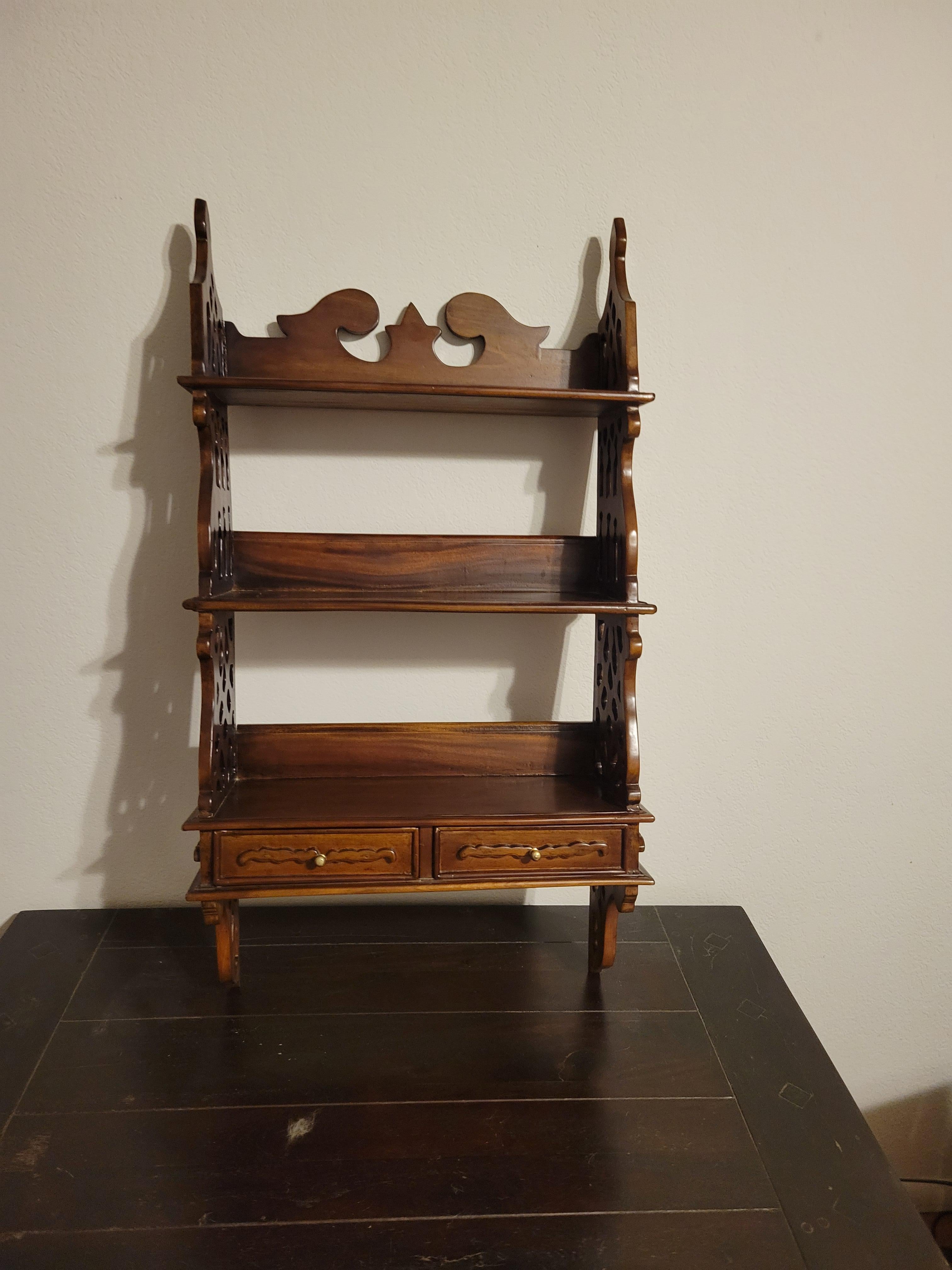 Antique French Provincial Hand-Carved Mahogany Kitchen Shelf with Two Drawers  For Sale 4