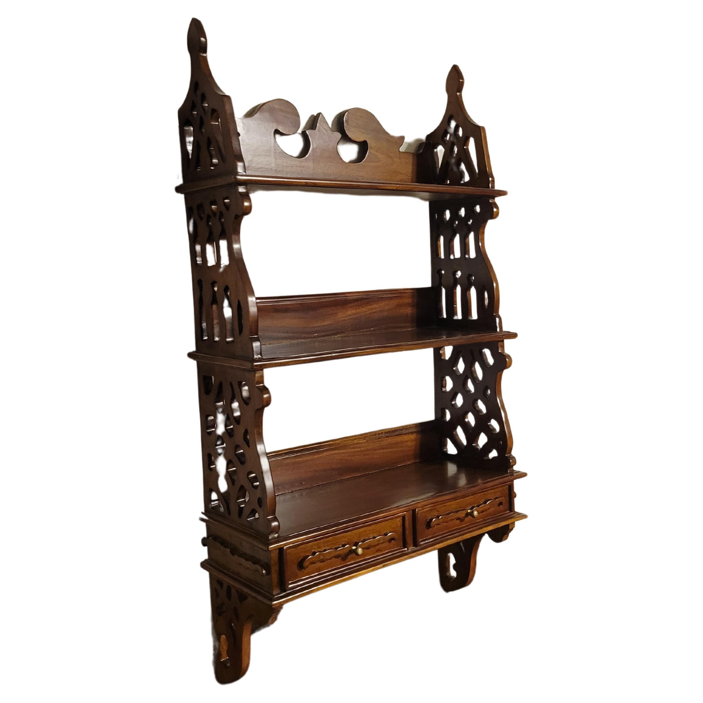 Antique French Provincial Hand-Carved Mahogany Kitchen Shelf with Two Drawers