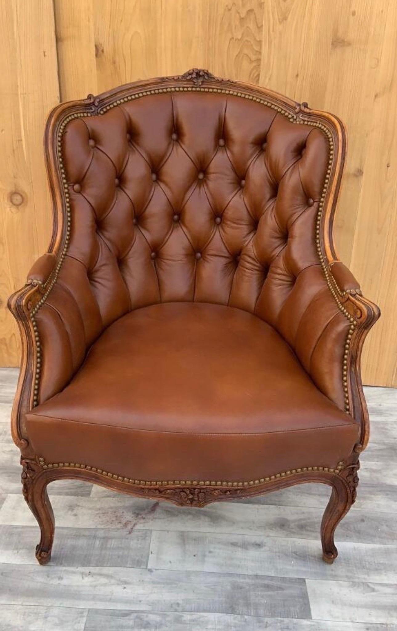 Antique French Provincial Hand Carved Walnut Bergere Chair Newly Upholstered In Full-Grain 