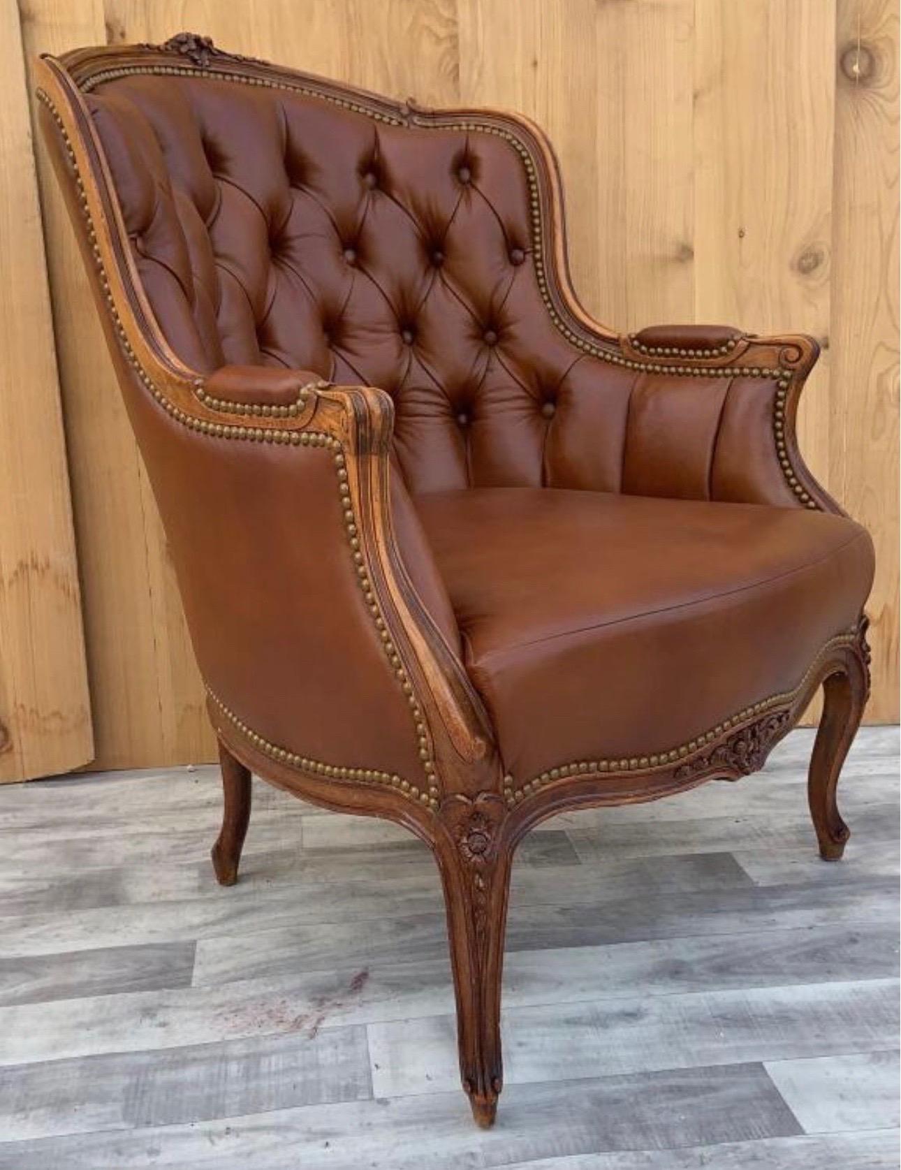 Antique French Provincial Hand Carved Walnut Bergere Chair Newly Upholstered In Good Condition In Chicago, IL