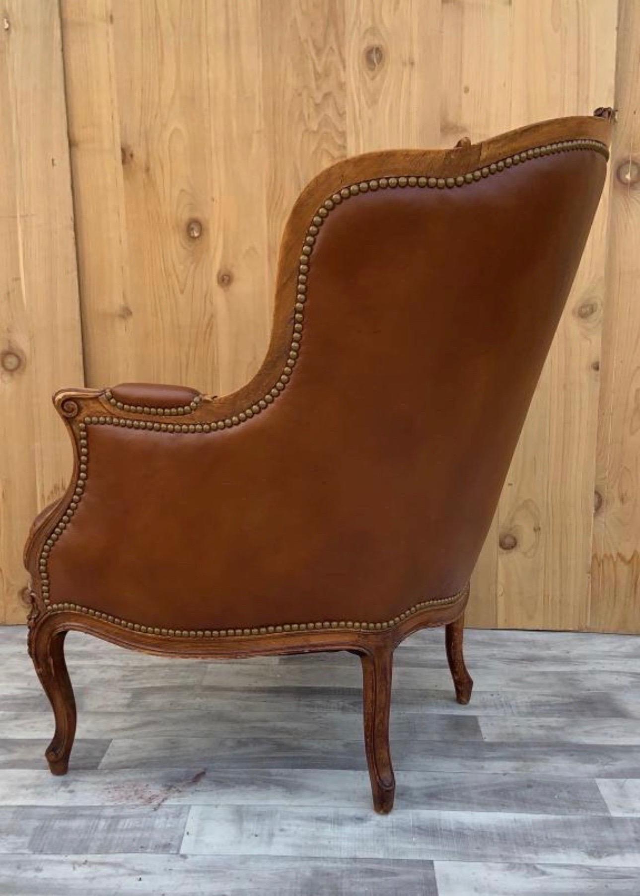 Early 20th Century Antique French Provincial Hand Carved Walnut Bergere Chair Newly Upholstered