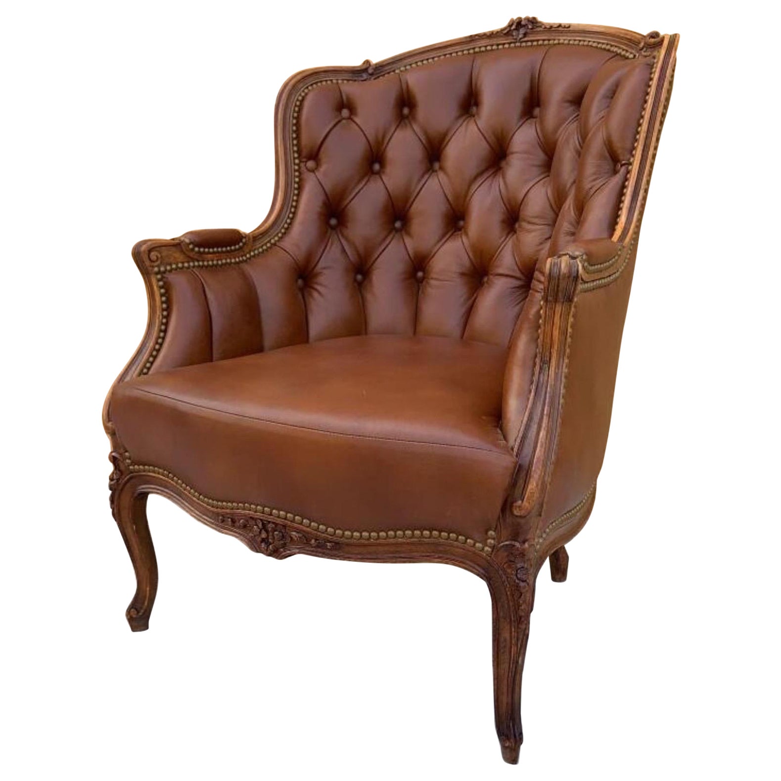 Antique French Provincial Hand Carved Walnut Bergere Chair Newly Upholstered