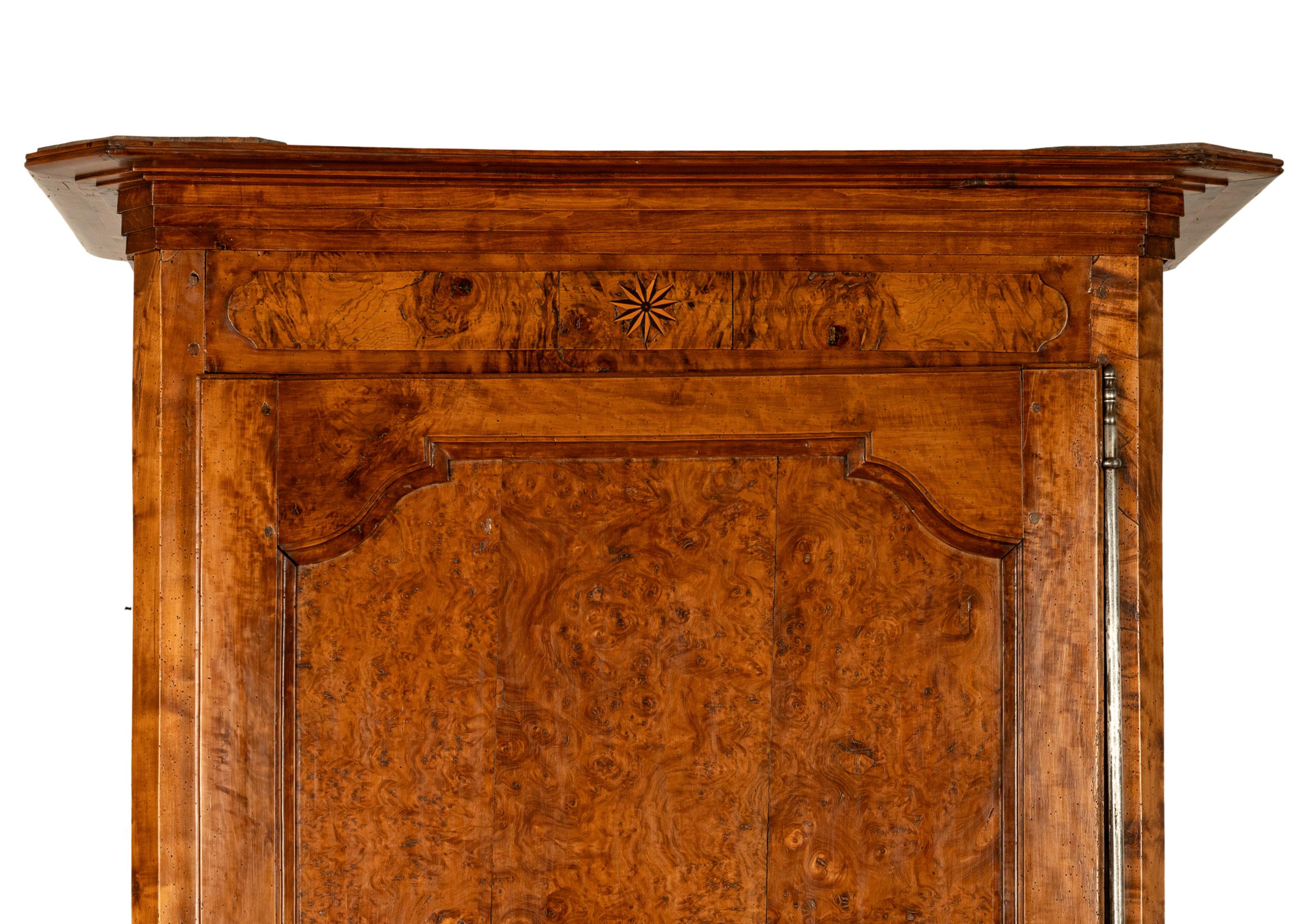 Antique French Provincial Inlaid Burl Chestnut Wardrobe Armoire Bonnetiere 1750 in vendita 5