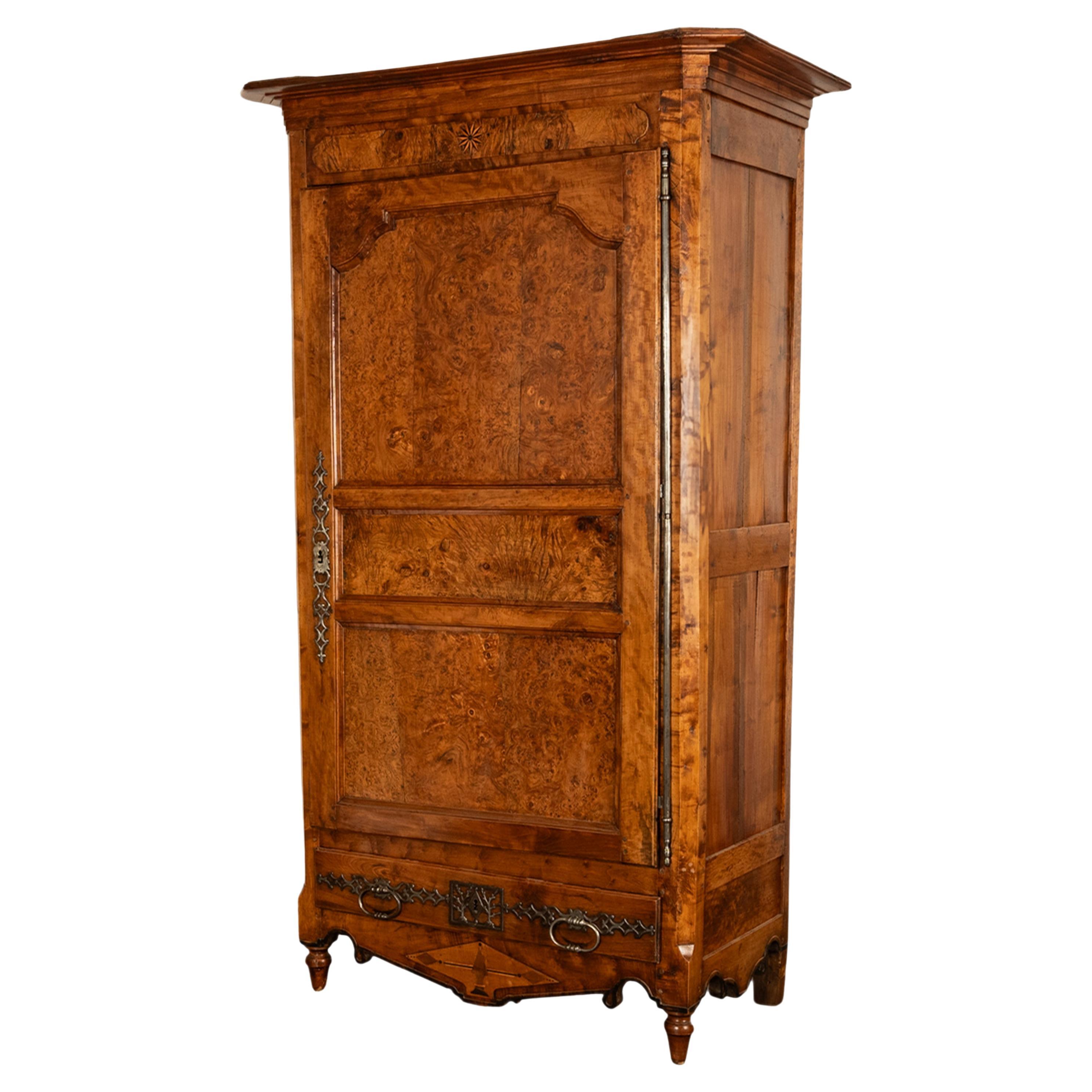 Antique French Provincial Inlaid Burl Chestnut Wardrobe Armoire Bonnetiere 1750