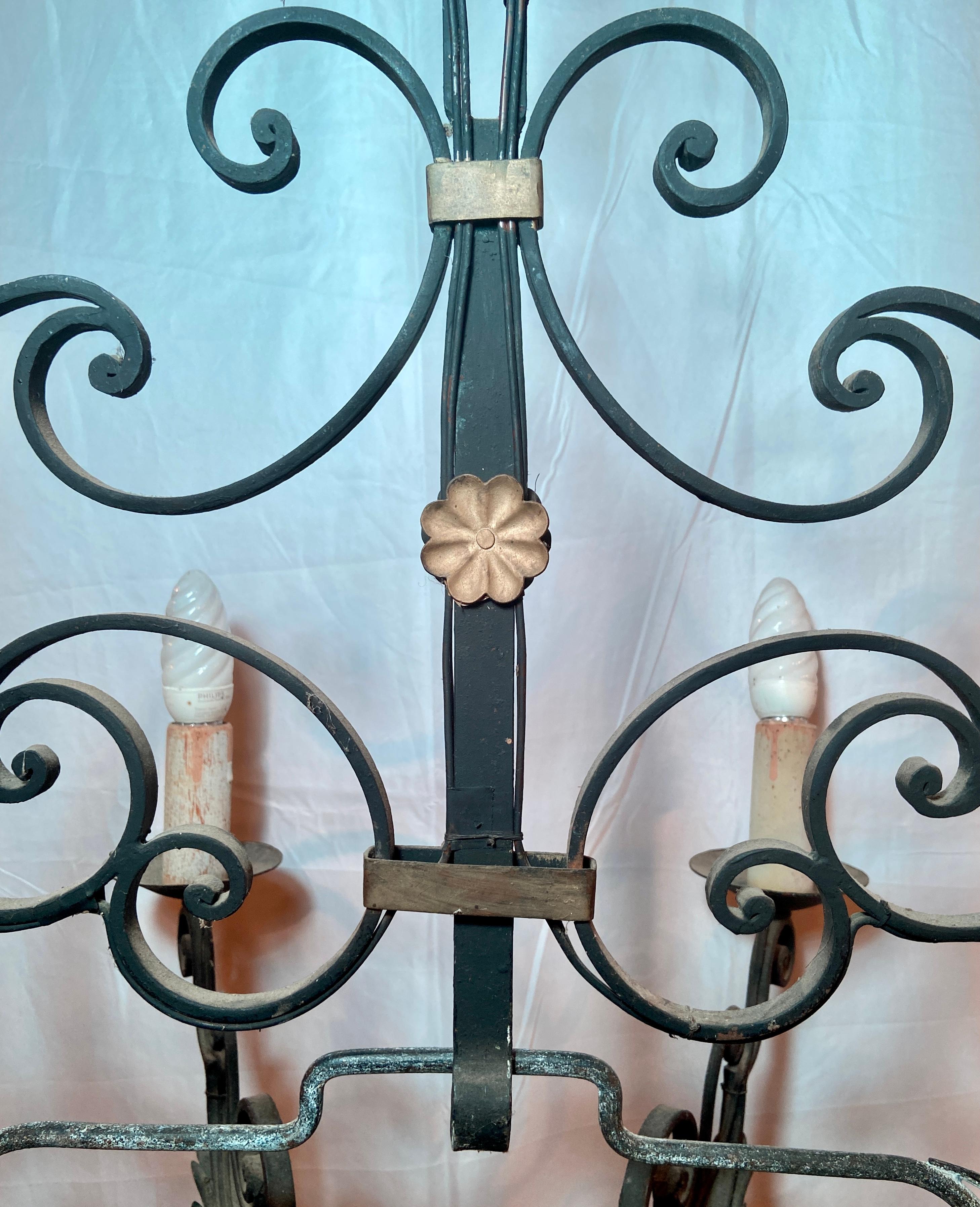 Antique French Provincial Iron Chandelier with Copper Poacher In Good Condition For Sale In New Orleans, LA