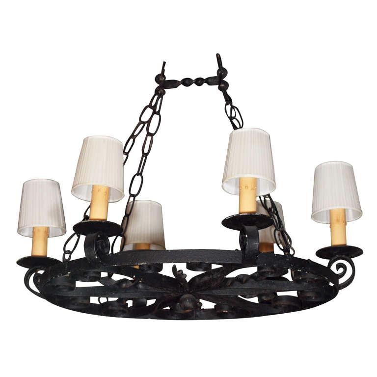 Antique French Provincial Iron Round 6-Light Chandelier For Sale