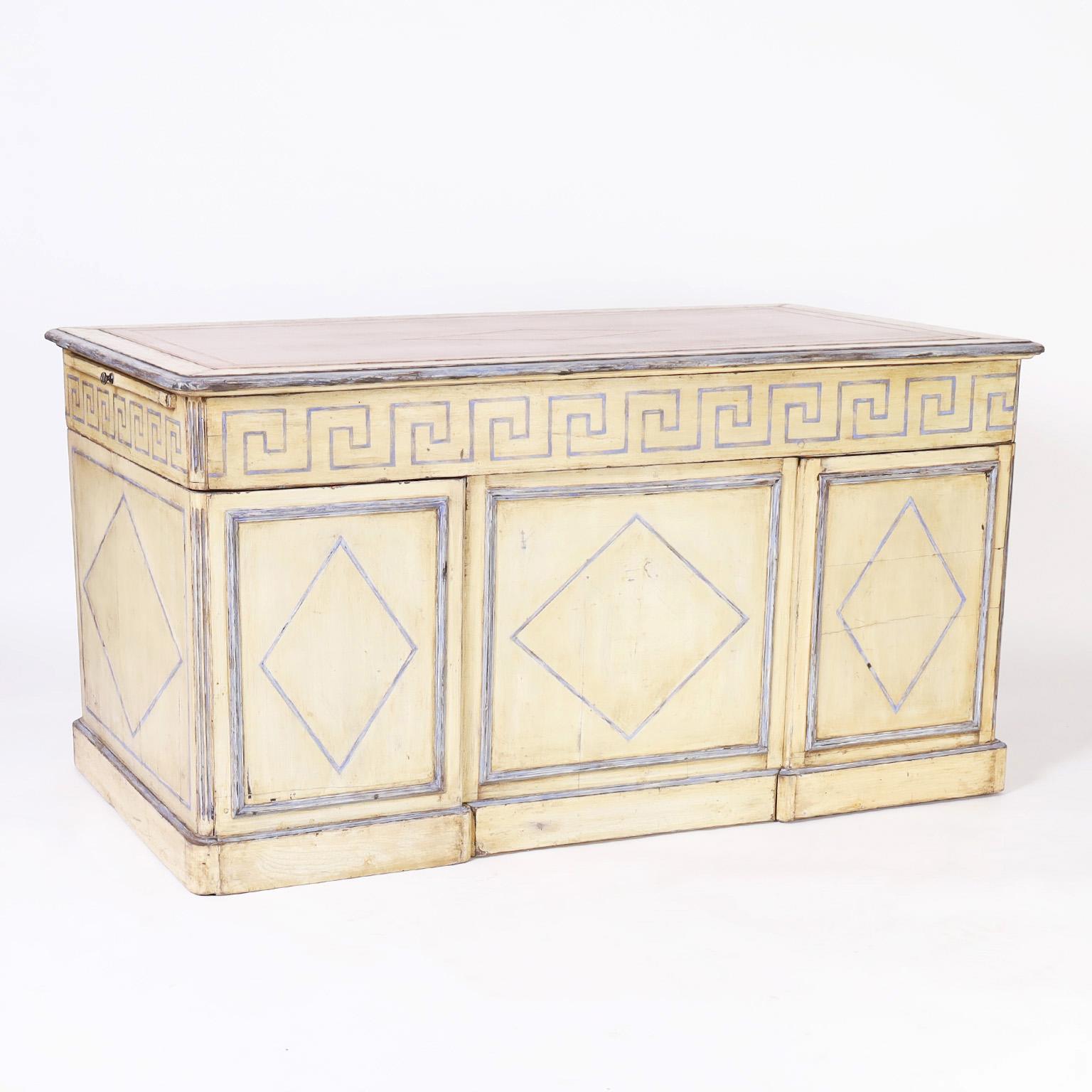 Hand-Painted Antique French Provincial Leather Top Painted Kneehole Desk For Sale