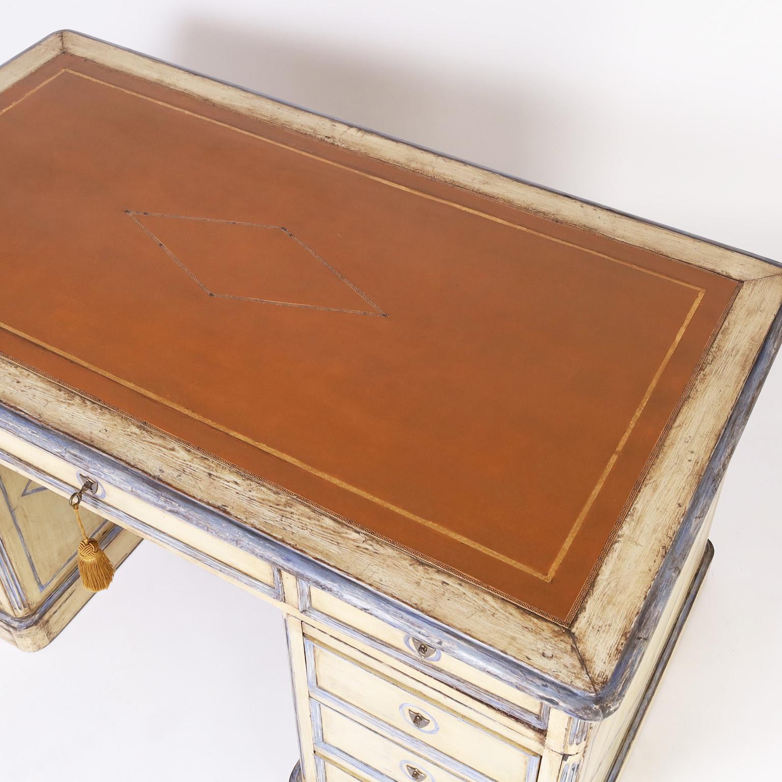 Antique French Provincial Leather Top Painted Kneehole Desk In Good Condition In Palm Beach, FL