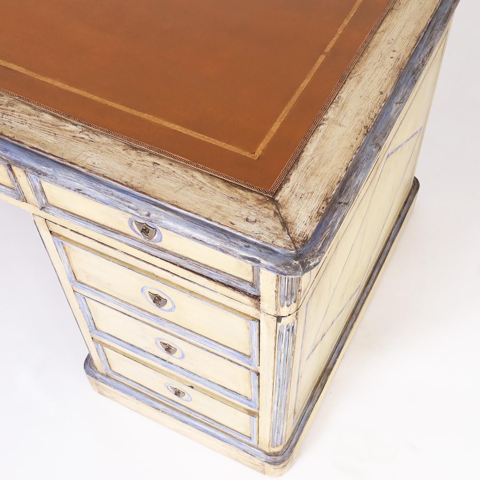 Antique French Provincial Leather Top Painted Kneehole Desk For Sale 2