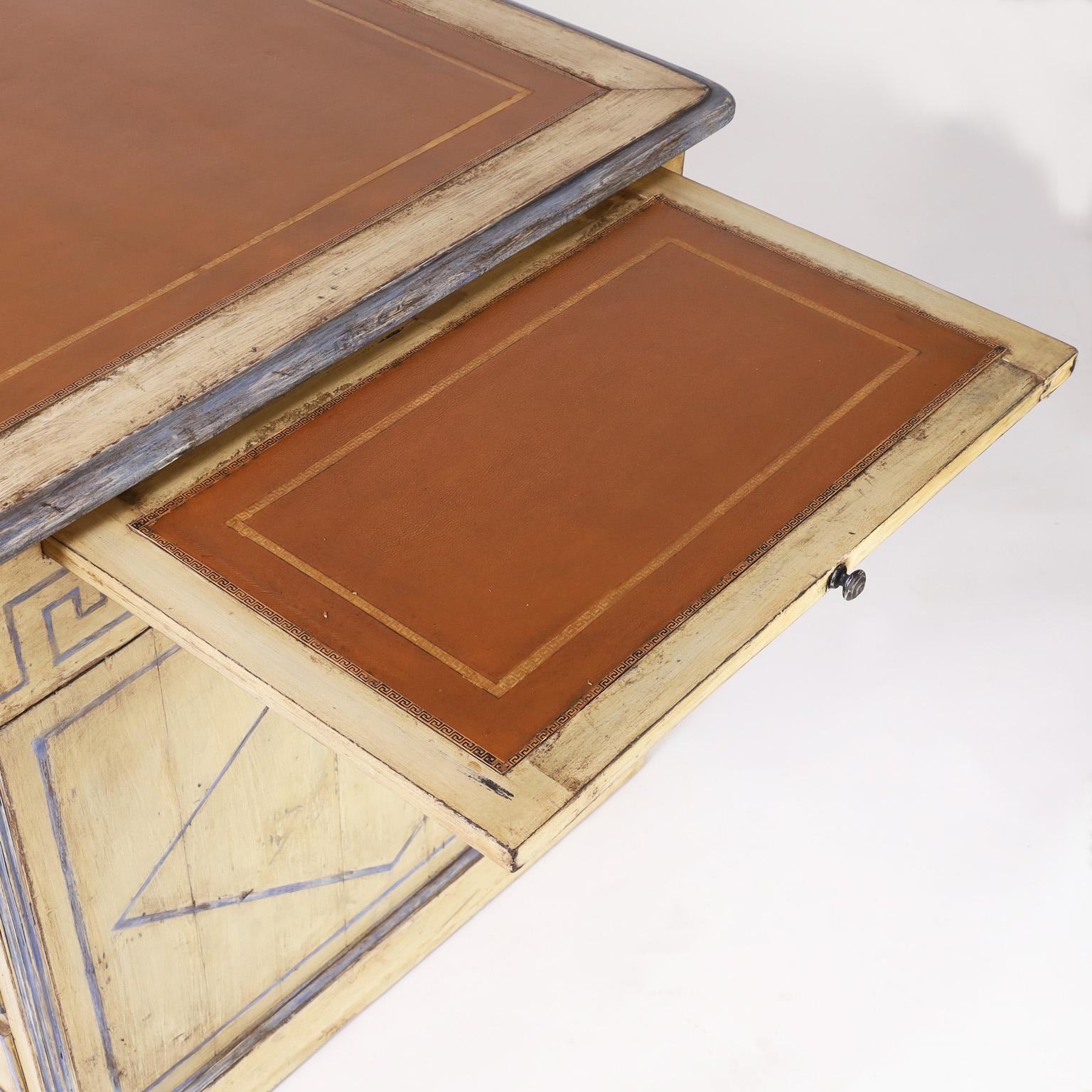 19th Century Antique French Provincial Leather Top Painted Kneehole Desk For Sale