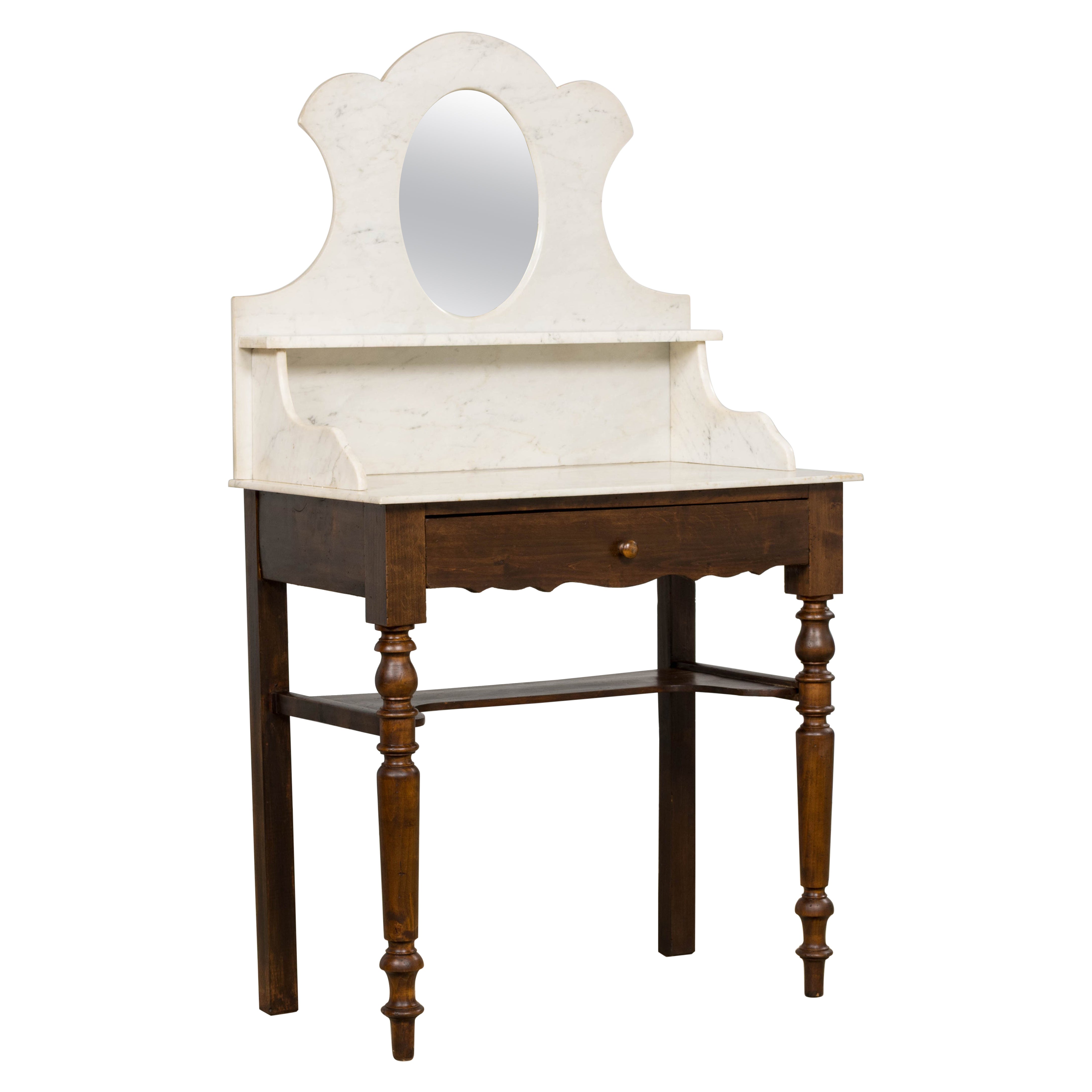 Antique French Provincial Louis Philippe Style Maple Vanity W/ Carrara Marble