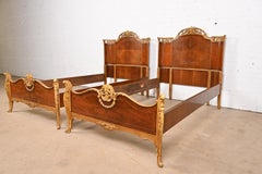 Antique French Provincial Louis XV Burled Walnut and Parcel Painted Twin Beds
